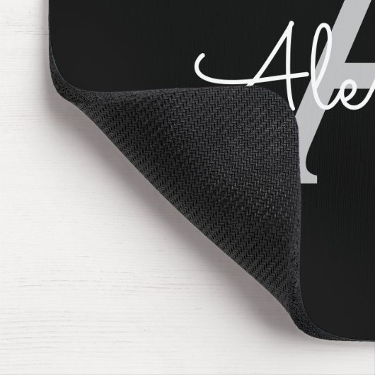 Black Silver Modern Script Girl Monogram Name Mousepad (Ecke)