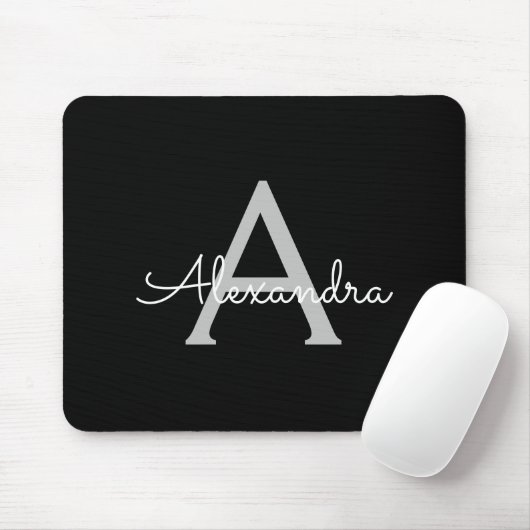 Black Silver Modern Script Girl Monogram Name Mousepad (Mit Mouse)