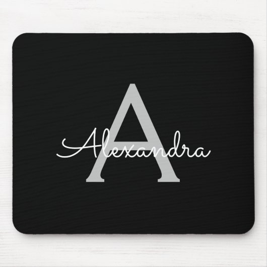 Black Silver Modern Script Girl Monogram Name Mousepad (Vorne)