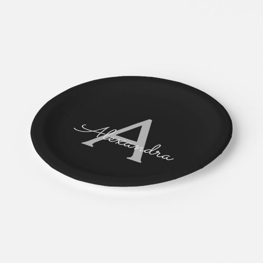 Black Silver Modern Script Girl Monogram Name Pappteller (Schrägansicht)