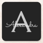 Black Silver Modern Script Girl Monogram Name Rechteckiger Pappuntersetzer<br><div class="desc">Untersetzer für einfache,  schwarze und silberne Script-Monogram-Namenspapiere. Dies macht den perfekten Abschluss,  Geburtstag,  Hochzeit,  Brautparty,  Jubiläum,  Babydusche oder Junggeselinnen-Abschied Geschenk für jemanden,  die Lieben glamourösen Luxus und schicke Stile.</div>