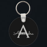 Black Silver Modern Script Girl Monogram Name Schlüsselanhänger<br><div class="desc">Einfache Monogramm Name Keychains (Schlüsselkette) für Schwarz und Silber. Das macht den perfekten 16 Geburtstag,  Hochzeit,  Brautparty,  Jubiläum,  Babydusche oder Junggeselinnen-Abschied Geschenk für jemanden,  der Lieben glamourösen Luxus und schicke Stile.</div>