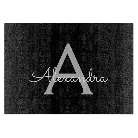 Black Silver Modern Script Girl Monogram Name Schneidebrett (Vorderseite)