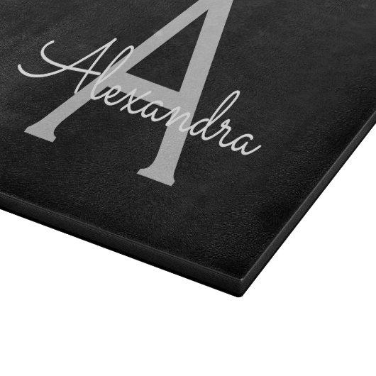 Black Silver Modern Script Girl Monogram Name Schneidebrett (Ecke)