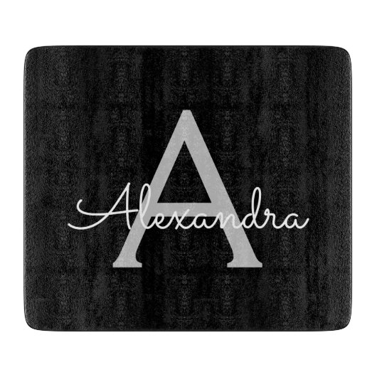 Black Silver Modern Script Girl Monogram Name Schneidebrett (Vorderseite)