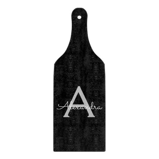 Black Silver Modern Script Girl Monogram Name Schneidebrett (Vorderseite)