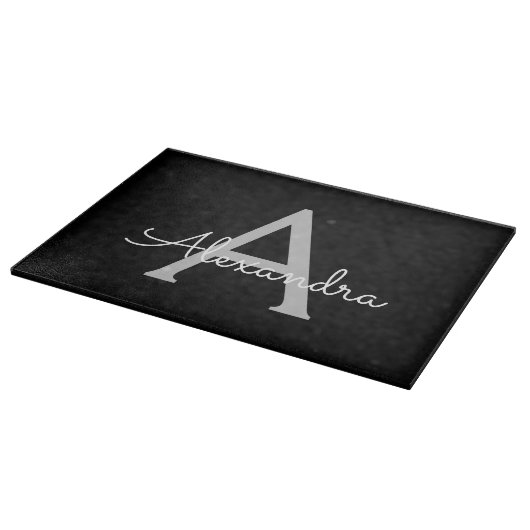 Black Silver Modern Script Girl Monogram Name Schneidebrett (Ecke)