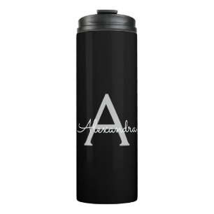 Black Silver Modern Script Girl Monogram Name Thermosbecher