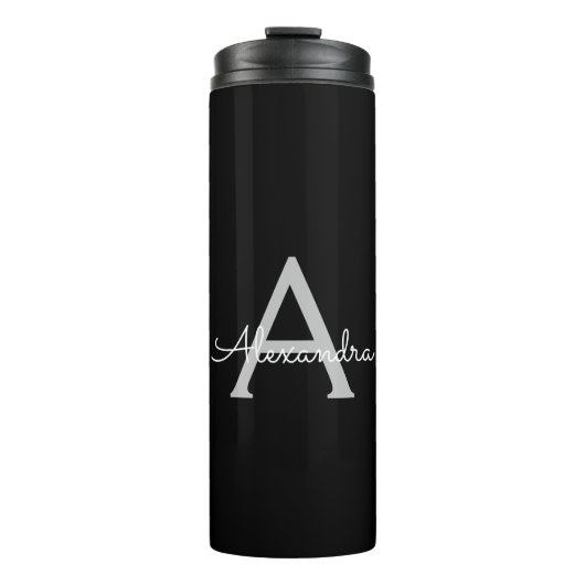 Black Silver Modern Script Girl Monogram Name Thermosbecher (Vorderseite)