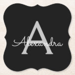 Black Silver Modern Script Girl Monogram Name Untersetzer<br><div class="desc">Untersetzer für einfache,  schwarze und silberne Script-Monogram-Namenspapiere. Dies macht den perfekten Abschluss,  Geburtstag,  Hochzeit,  Brautparty,  Jubiläum,  Babydusche oder Junggeselinnen-Abschied Geschenk für jemanden,  die Lieben glamourösen Luxus und schicke Stile.</div>