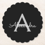 Black Silver Modern Script Girl Monogram Name Untersetzer<br><div class="desc">Untersetzer für einfache,  schwarze und silberne Script-Monogram-Namenspapiere. Dies macht den perfekten Abschluss,  Geburtstag,  Hochzeit,  Brautparty,  Jubiläum,  Babydusche oder Junggeselinnen-Abschied Geschenk für jemanden,  die Lieben glamourösen Luxus und schicke Stile.</div>
