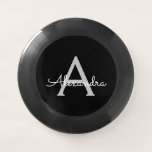 Black Silver Modern Script Girl Monogram Name Wham-O Frisbee<br><div class="desc">Schwarz und Silber Einfache Script Monogram Name Frisbee. Dies macht den perfekten Abschluss,  Geburtstag,  Hochzeit,  Brautparty,  Jubiläum,  Babydusche oder Junggeselinnen-Abschied Geschenk für jemanden,  die Lieben glamourösen Luxus und schicke Stile.</div>