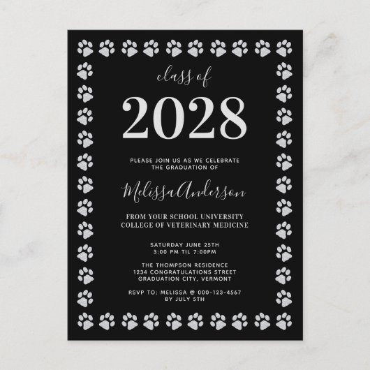 Black Silver Paw Prints Abschluss Einladungspostkarte (Vorderseite)