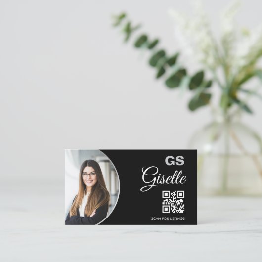 Black Silver Photo Monogram Realtor QR Code Visitenkarte (Stehend Vorderseite)