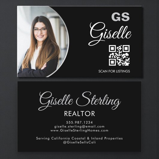 Black Silver Photo Monogram Realtor QR Code  Visitenkarte