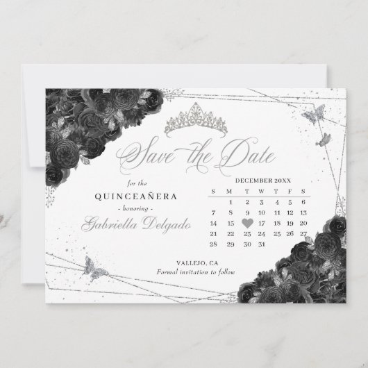 Black & Silver Quinceañera Save the Date Einladung (Vorderseite)