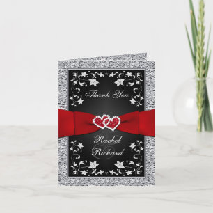 Black Silver Red Floral Hearts IMITATE Foil Vielen Dankeskarte