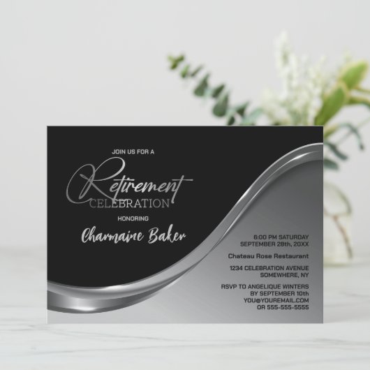 Black Silver Retirement Party Einladung (Stehend Vorderseite)