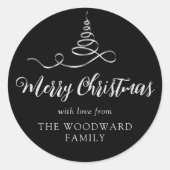 Black Silver Ribbon Tree Frohe Weihnachtsschrift Runder Aufkleber (Vorderseite)