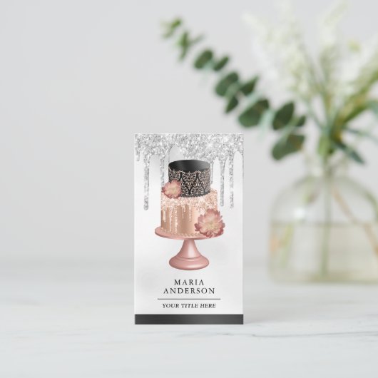 Black Silver Rose Gold Cake Konditorei Koch Bäcker Visitenkarte (Stehend Vorderseite)