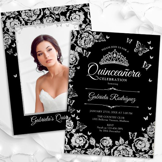 Black Silver Rose Schmetterlinge Quinceanera Foto Einladung