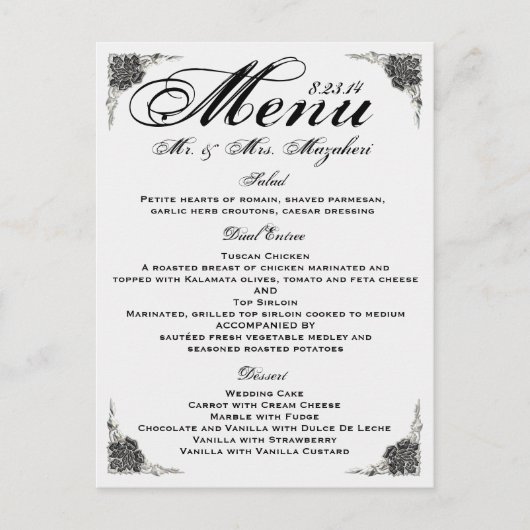 Black Silver Rose Wedding Dinner Menu Vielen Dank Postkarte (Vorderseite)