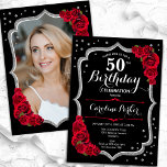 Black Silver Rote Rosen Foto 50. Geburtstag Einladung<br><div class="desc">Elegante florale Einladung zum 50. Geburtstag mit Ihrem Foto auf der Kartenrückseite. Glam Schwarz und Rot Design mit Imitaten Glitzer Silber. Enthält rote Rosen, Skript-Schriftart und Konfetti. Ideal für ein stilvolles Party für Erwachsene. Personalisieren Sie Ihre persönlichen Daten. Kann für jedes Alter angepasst werden! Gedruckte Zazzle Einladungen oder Sofortdownload digitalen...</div>