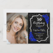 Black Silver Royal Blue Foto 50. Geburtstag Einladung (Vorderseite)