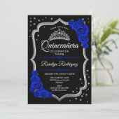 Black Silver Royal Blue Foto Quinceanera Einladung (Stehend Vorderseite)