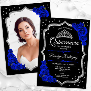 Black Silver Royal Blue Foto Quinceanera Einladung