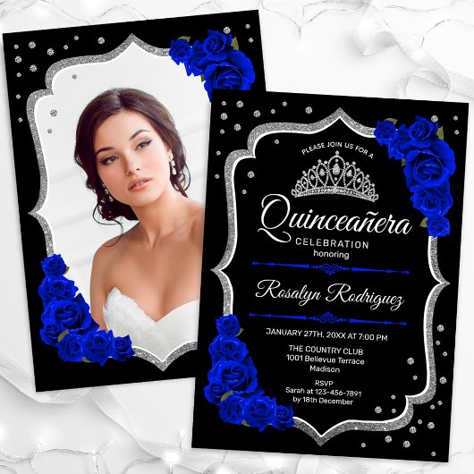 Black Silver Royal Blue Foto Quinceanera Einladung