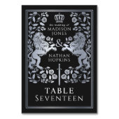Black Silver Royal Medieval Lion Wedding Tischnummer (Vorderseite)