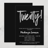 Black Silver Script 20. Geburtstagsparty Einladung (Vorne/Hinten)