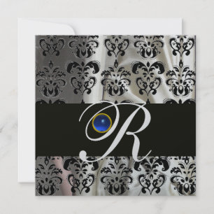 BLACK SILVER SILK DAMASK MONOGRAM BLUE SAPPHIRE EINLADUNG