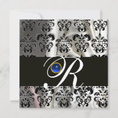 BLACK SILVER SILK DAMASK MONOGRAM BLUE SAPPHIRE EINLADUNG (Vorderseite)