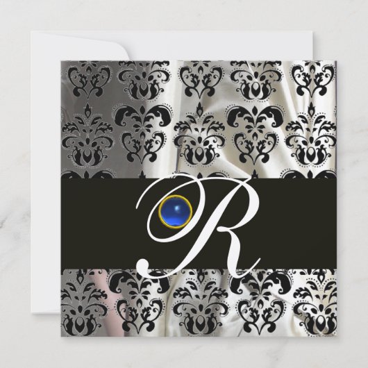 BLACK SILVER SILK DAMASK MONOGRAM BLUE SAPPHIRE EINLADUNG (Vorderseite)
