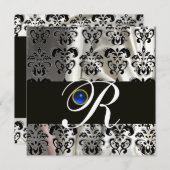 BLACK SILVER SILK DAMASK MONOGRAM BLUE SAPPHIRE EINLADUNG (Vorne/Hinten)