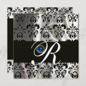 BLACK SILVER SILK DAMASK MONOGRAM BLUE SAPPHIRE EINLADUNG (Vorne/Hinten)