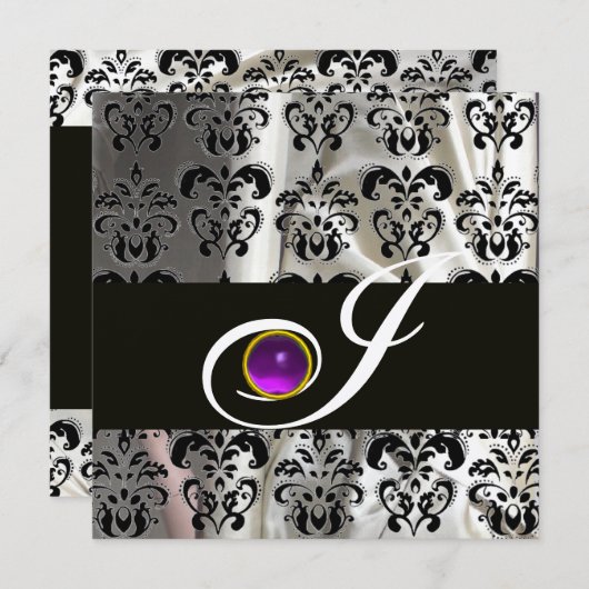 BLACK SILVER SILK DAMASK MONOGRAMM LILA AMETHYST EINLADUNG (Vorne/Hinten)