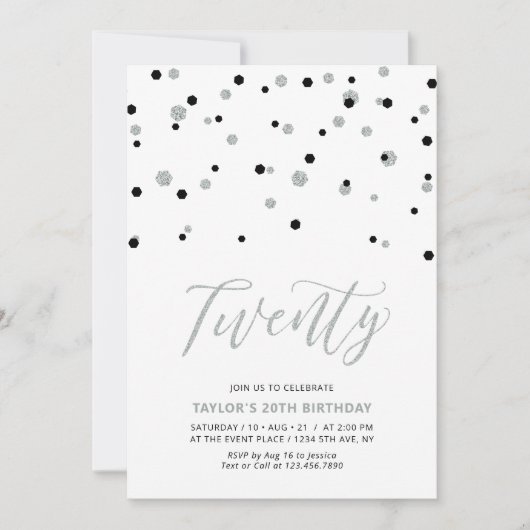 Black & Silver Simple 20. Geburtstagsparty Einladung (Vorderseite)