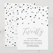Black & Silver Simple 20. Geburtstagsparty Einladung (Vorne/Hinten)