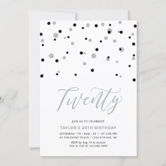 Black & Silver Simple 20. Geburtstagsparty Einladung