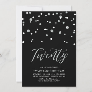 Black & Silver Simple 20. Geburtstagsparty I Einladung