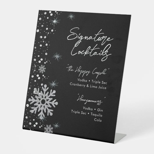Black Silver Snowflakes Signature Cocktail Menu Sockelschild (Vorderseite)
