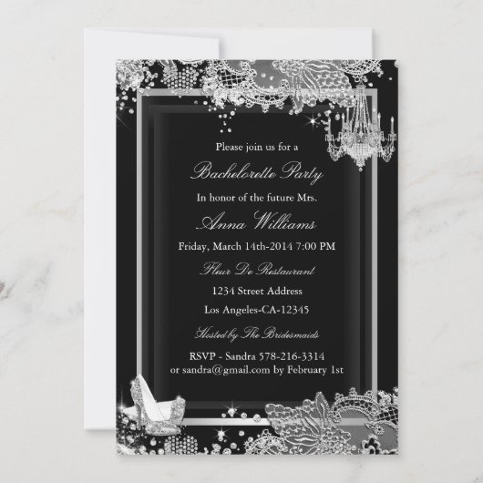 Black Silver Sparkle Bow Junggeselinnen-Abschied Einladung (Rückseite)