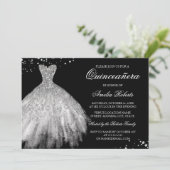 Black Silver Sparkle Dress Quinceanera Einladung (Stehend Vorderseite)