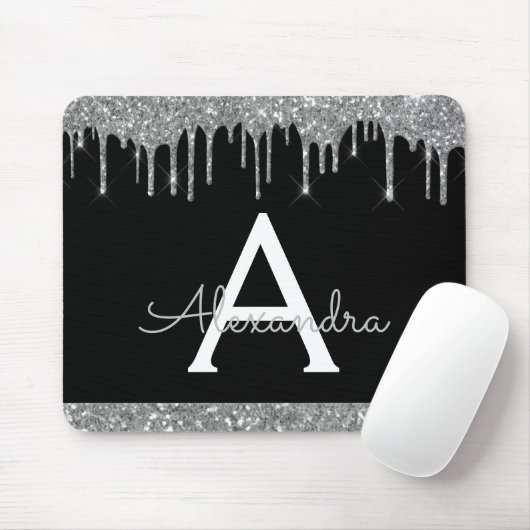 Black Silver Sparkle Glitzer Chic Monogram Mousepad (Mit Mouse)