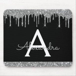 Black Silver Sparkle Glitzer Chic Monogram Mousepad