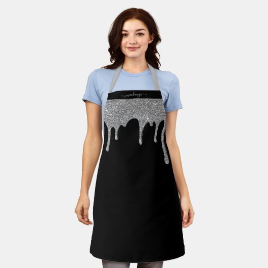 Black Silver Sparkle Glitzer Tropfen Personalisier Schürze (Getragen)