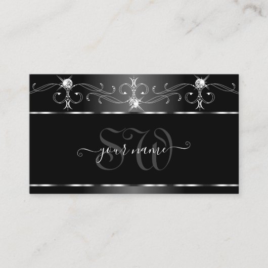 Black Silver Squiggles Sparkling Diamonds Initials Visitenkarte (Vorderseite)